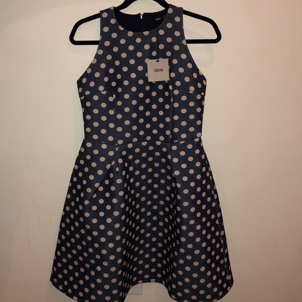 ASOS Navy Blue Scuba Dress with Cream Polka Dots